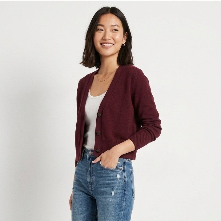 Flaw Banana Republic Cropped V-Neck Cardigan Sweater Button Front Burgundy Xs
